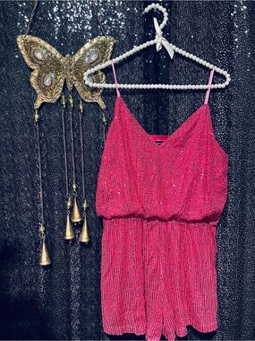 Double Crazy Pink Sequin Cami Romper - Size: Large